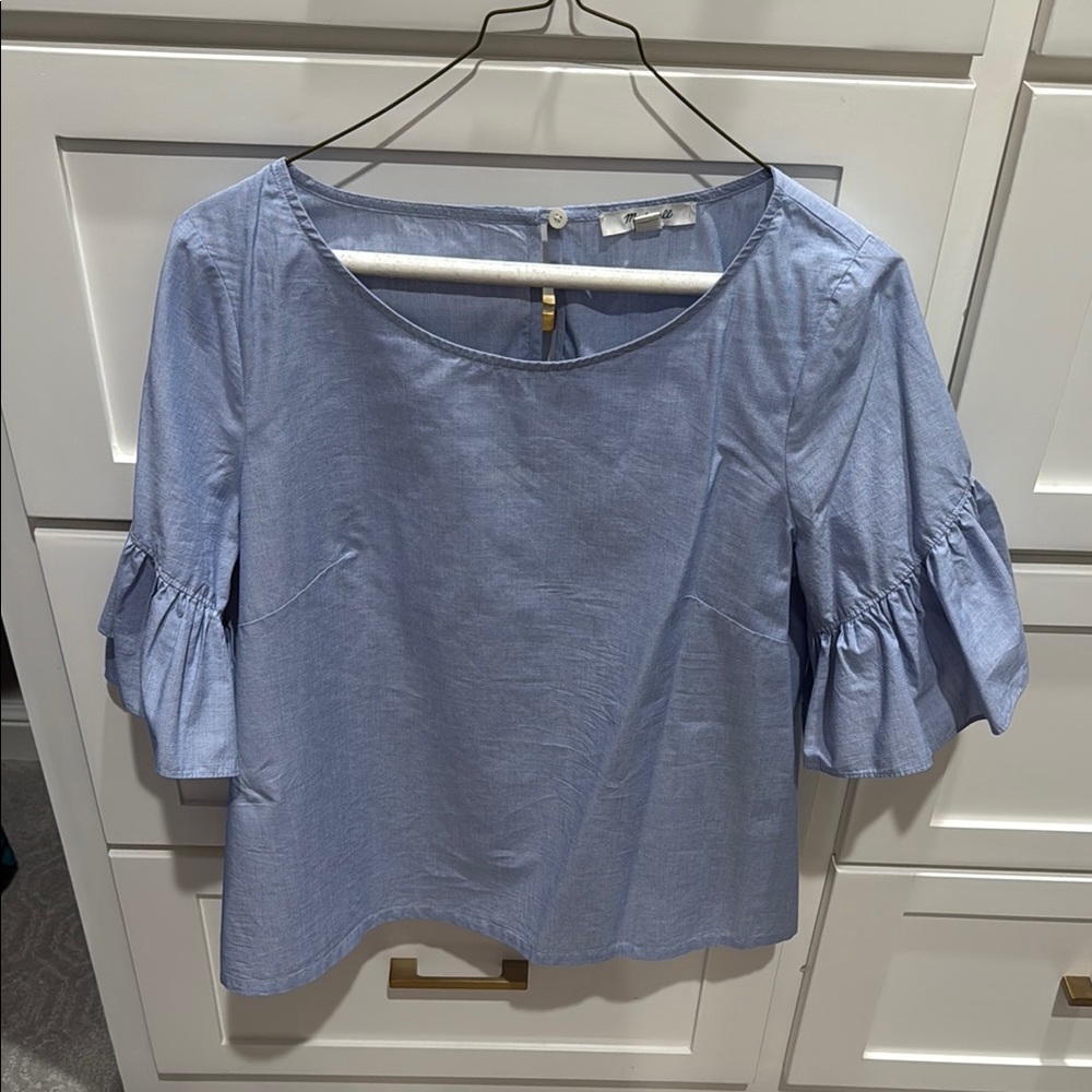 Madewell Blue Puff Sleeve Ruffled Blouse